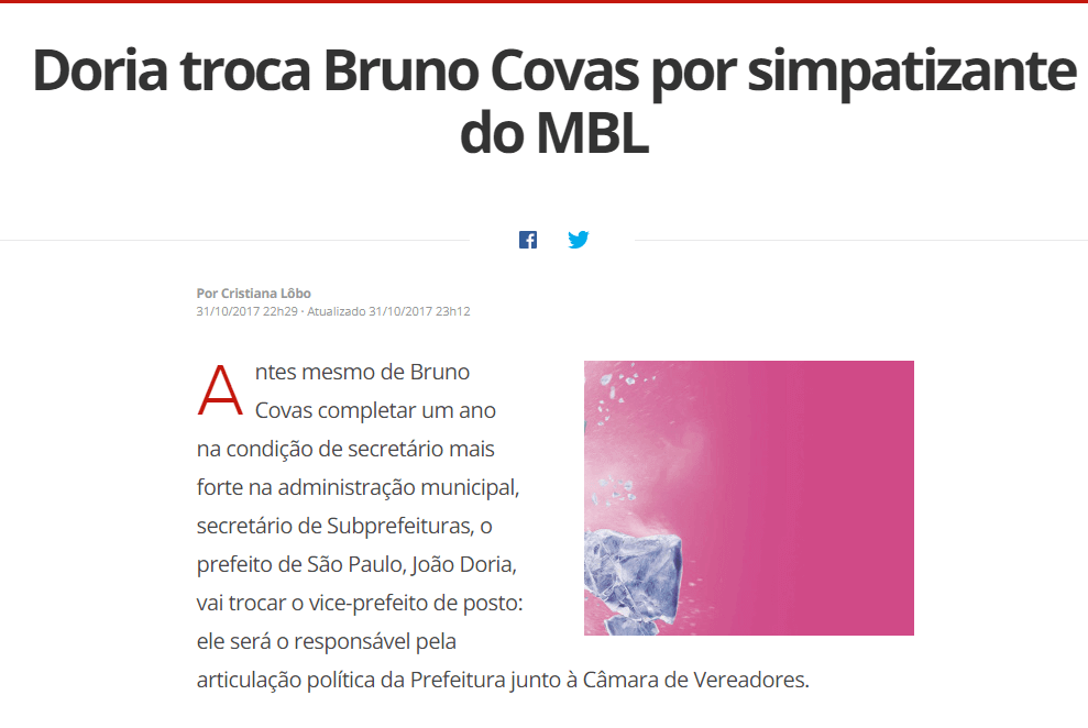 Doria troca Bruno Covas por simpatizante do MBL